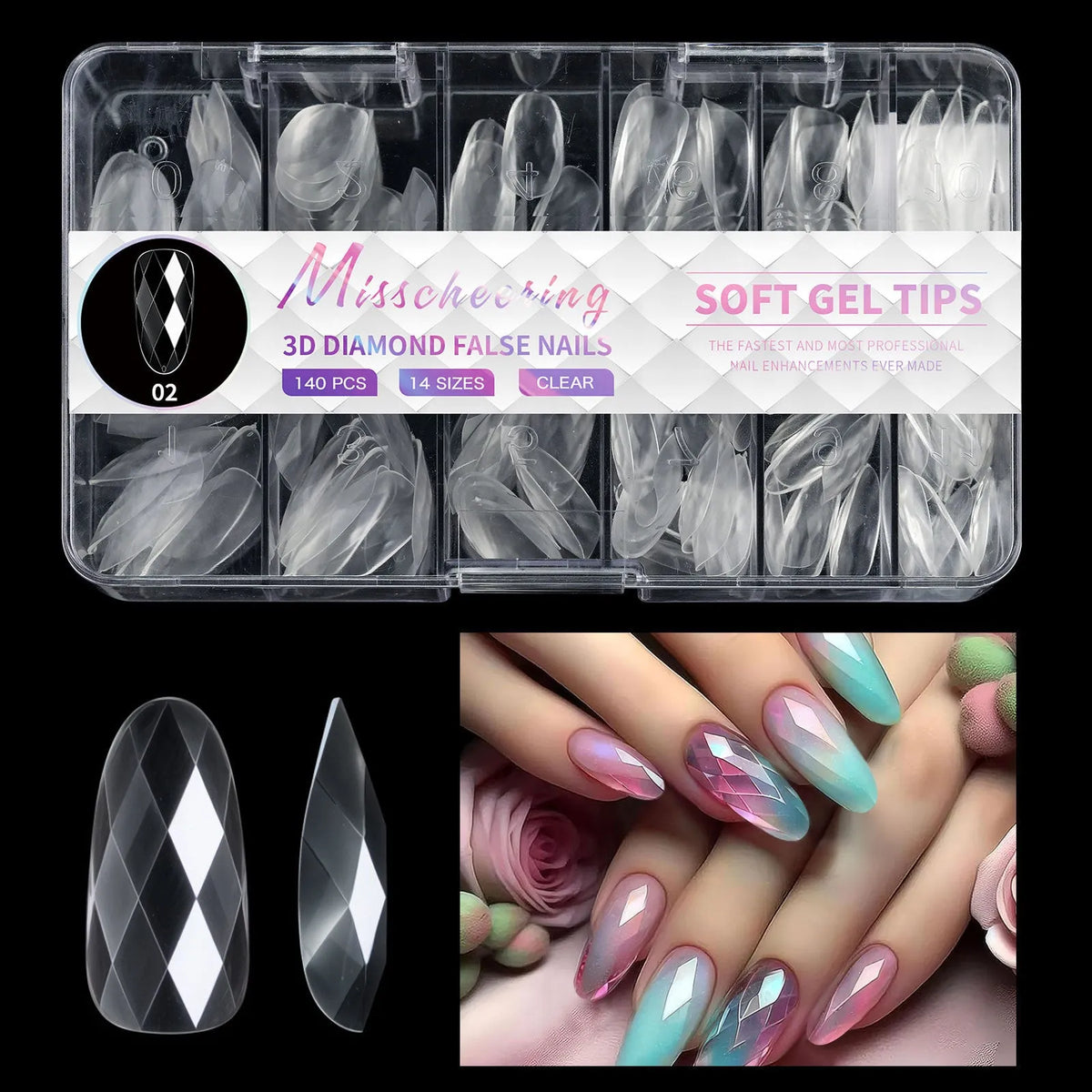 Pack of clear glitter nail extension tips showing 3D diamond design in various colours.