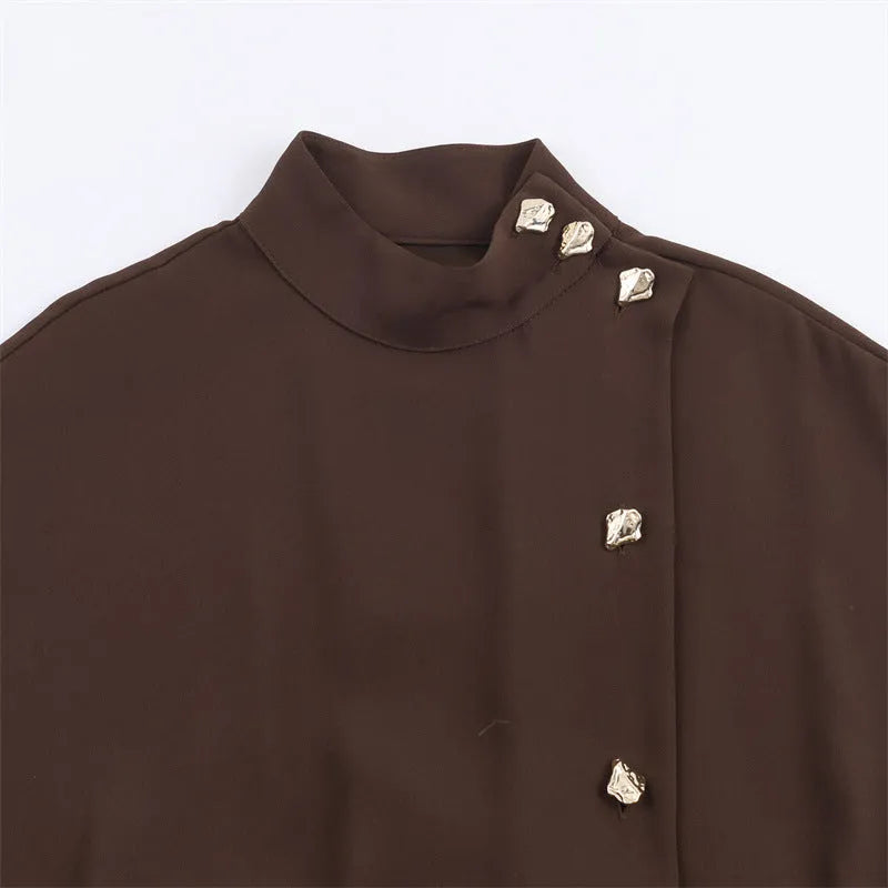 Belted hooded knitted dress in coffee stripe plaid with long sleeves and irregular pleated short skirt