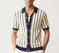 Men's white British style knitted short sleeve top with lapel and asymmetric stripes.