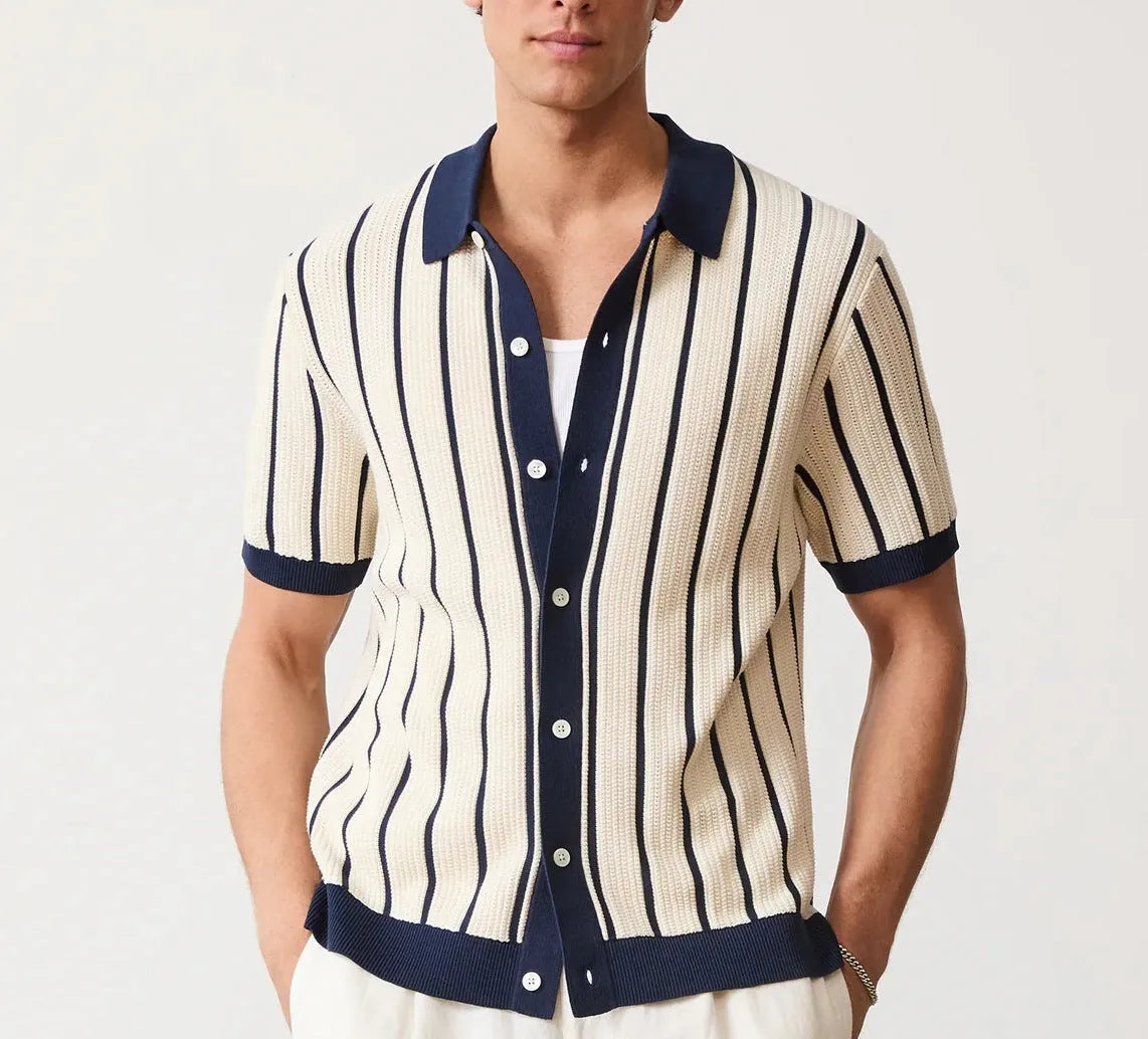 Men's white British style knitted short sleeve top with lapel and asymmetric stripes.