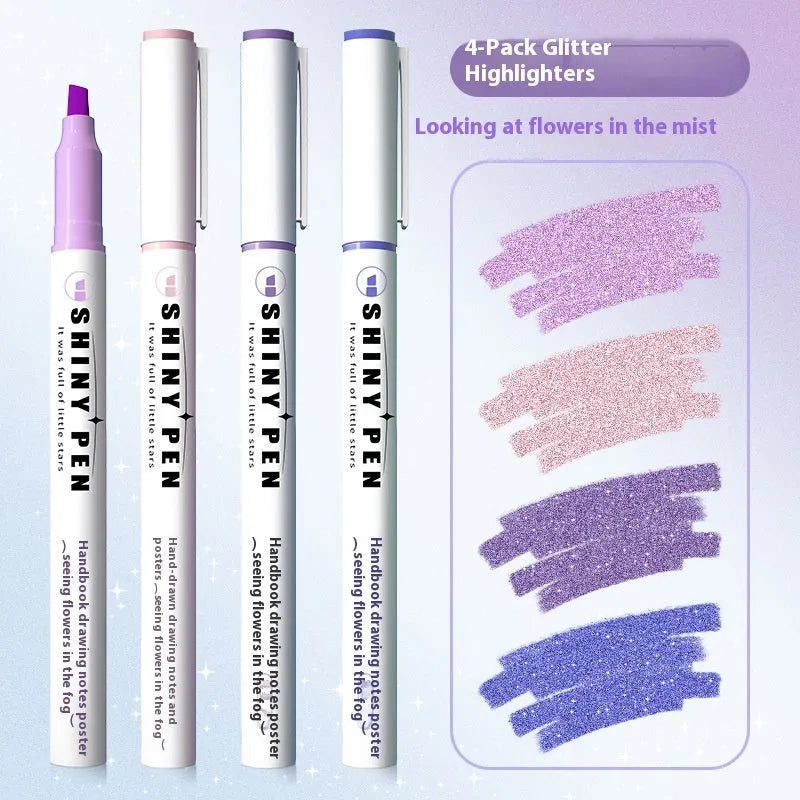 Set of four glitter fluorescent highlighter pens with slanted tips shown in assorted colours.