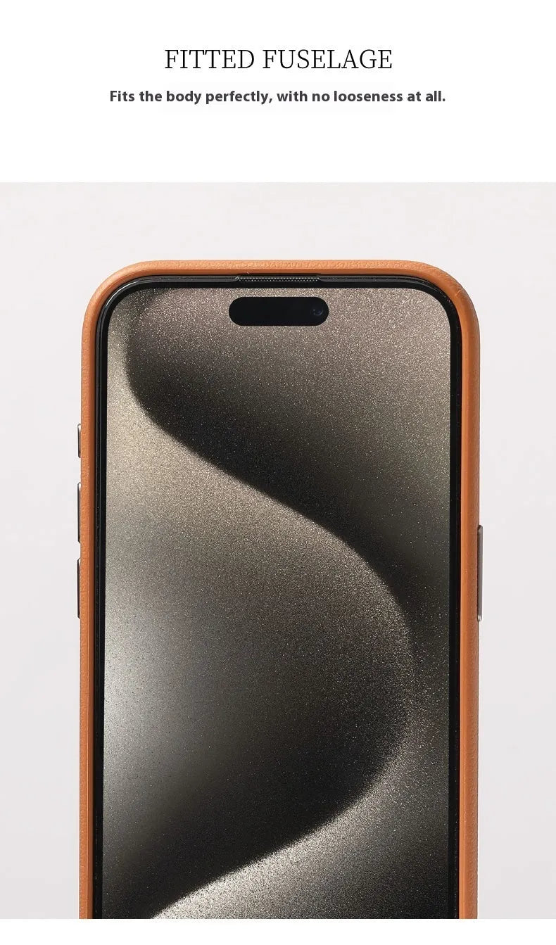 Black genuine leather iPhone case with metal camera lens guard showing Magsafe magnet ring