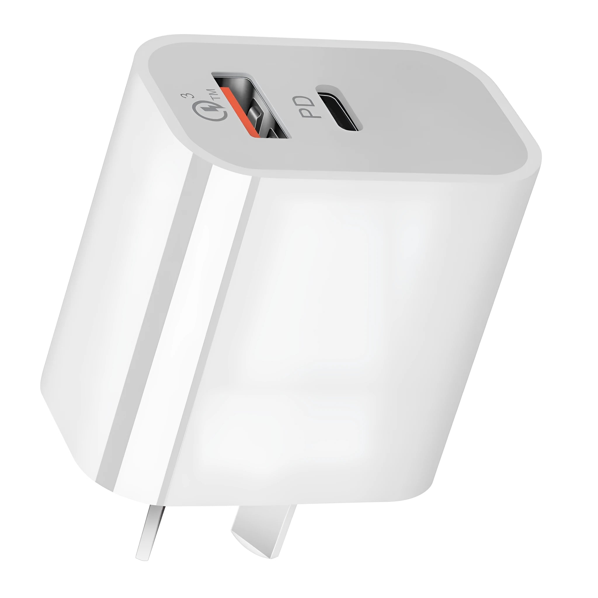 White Australian dual port USB charger with Type-A and Type-C interfaces