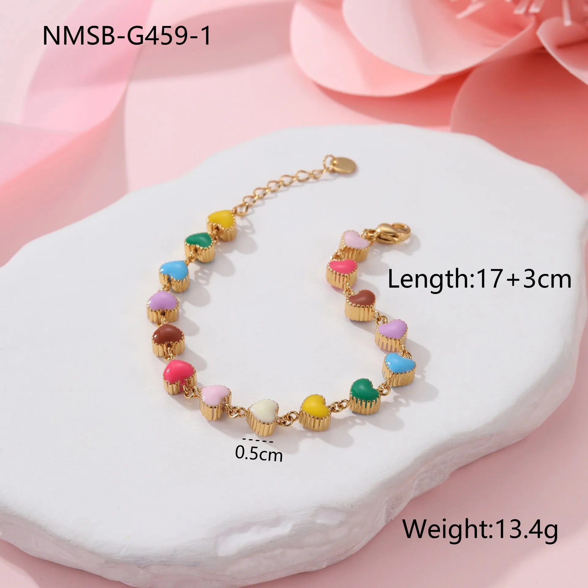 Women's gold bracelet with love heart design, stainless steel construction, and electroplated finish