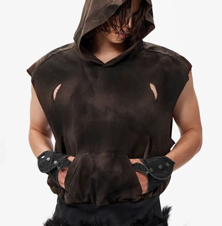 Khaki coloured cotton short hood vest for teenagers on a size chart background.