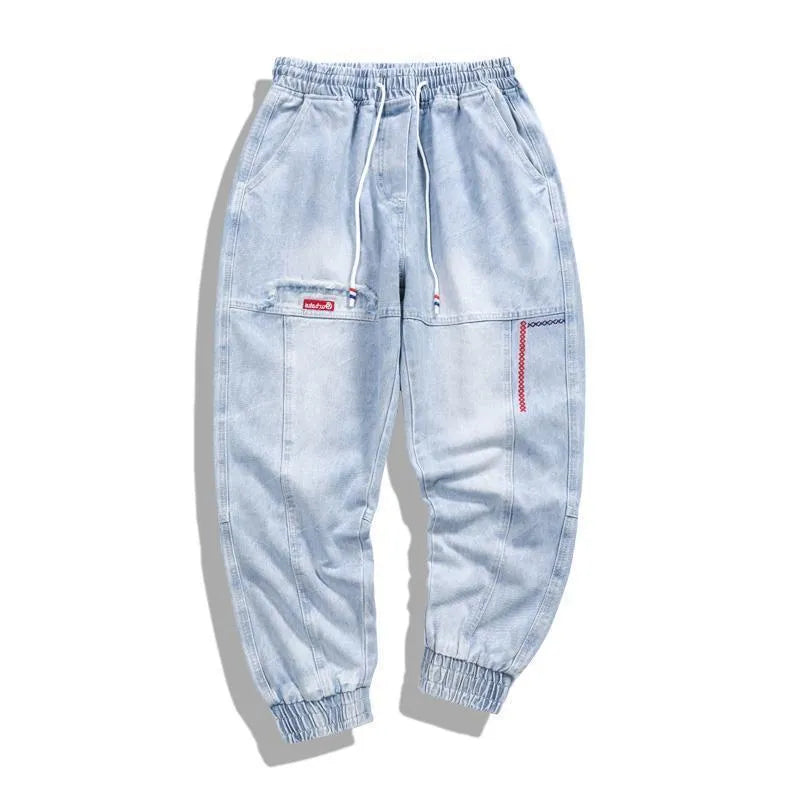Men's loose straight denim jeans with mid-rise waist and velvet lining in light blue colour
