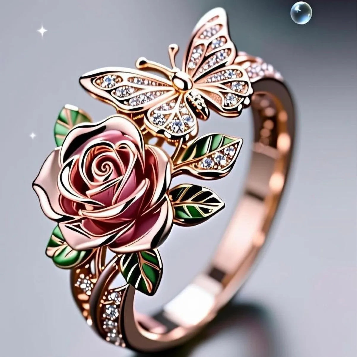 Close-up of an adjustable alloy butterfly ring with colourful oil-drip finish and floral details.