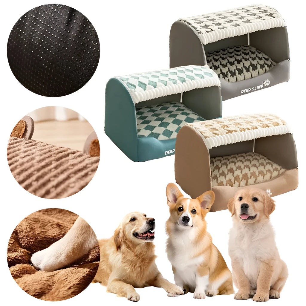 Curved room dog kennel with three-dimensional bear design in brown colour showing enclosed cave sofa style