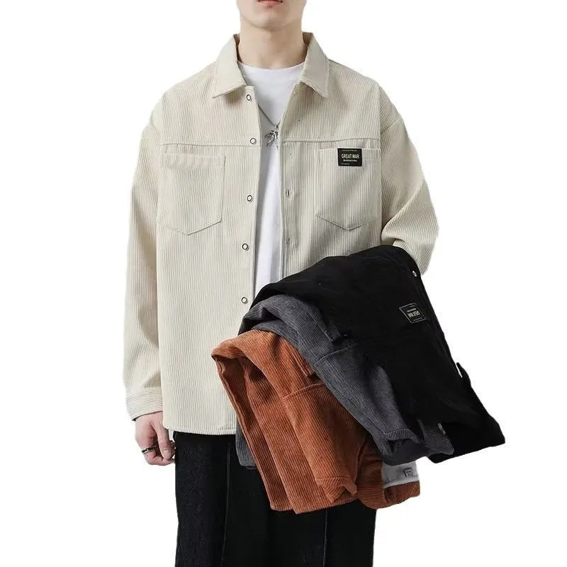 A man's long-sleeved corduroy cardigan jacket available in black, grey, khaki, and orange.