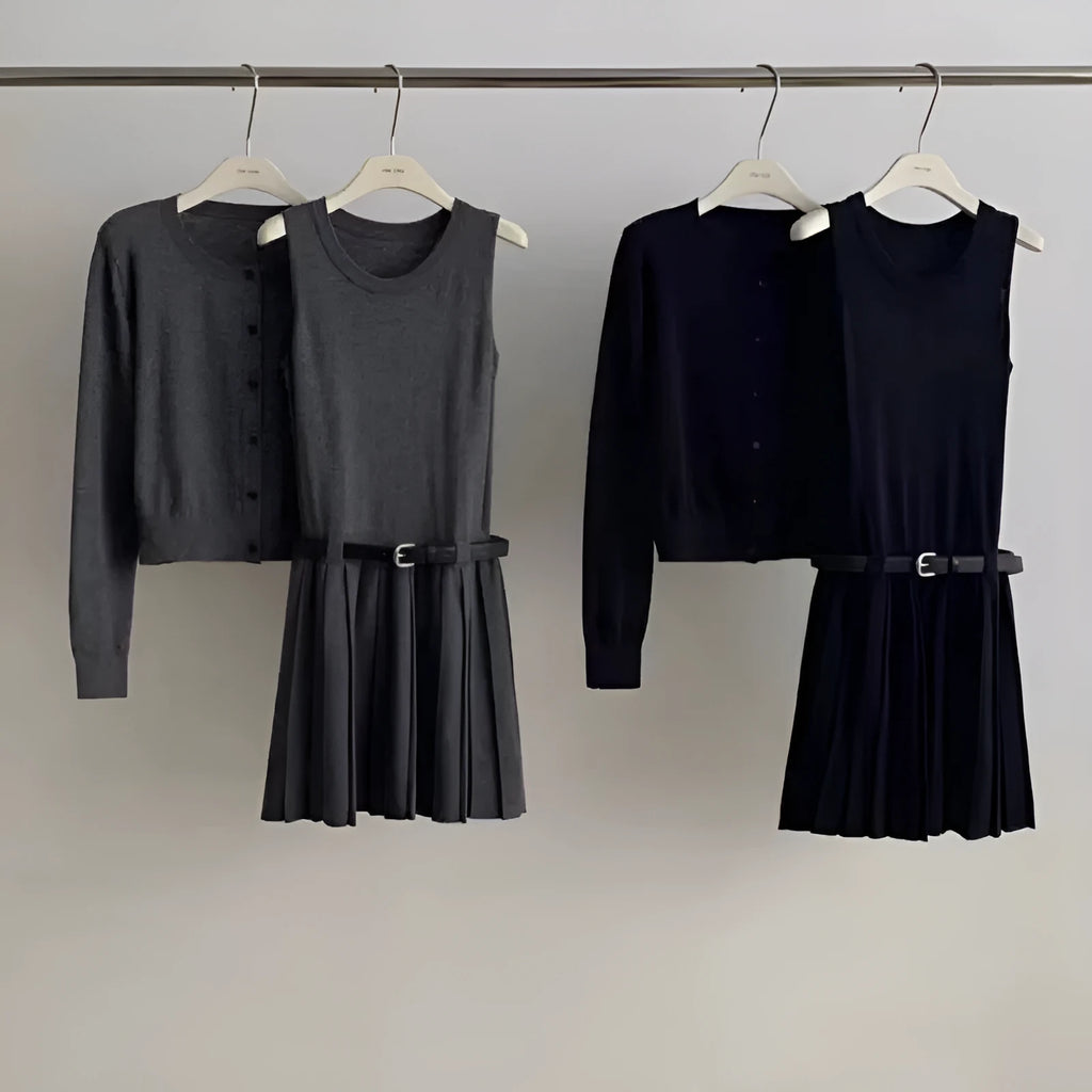 Women's grey art retro knitted two-piece set with pleated vest skirt, belt, and long sleeve cardigan featuring a 3D pattern.