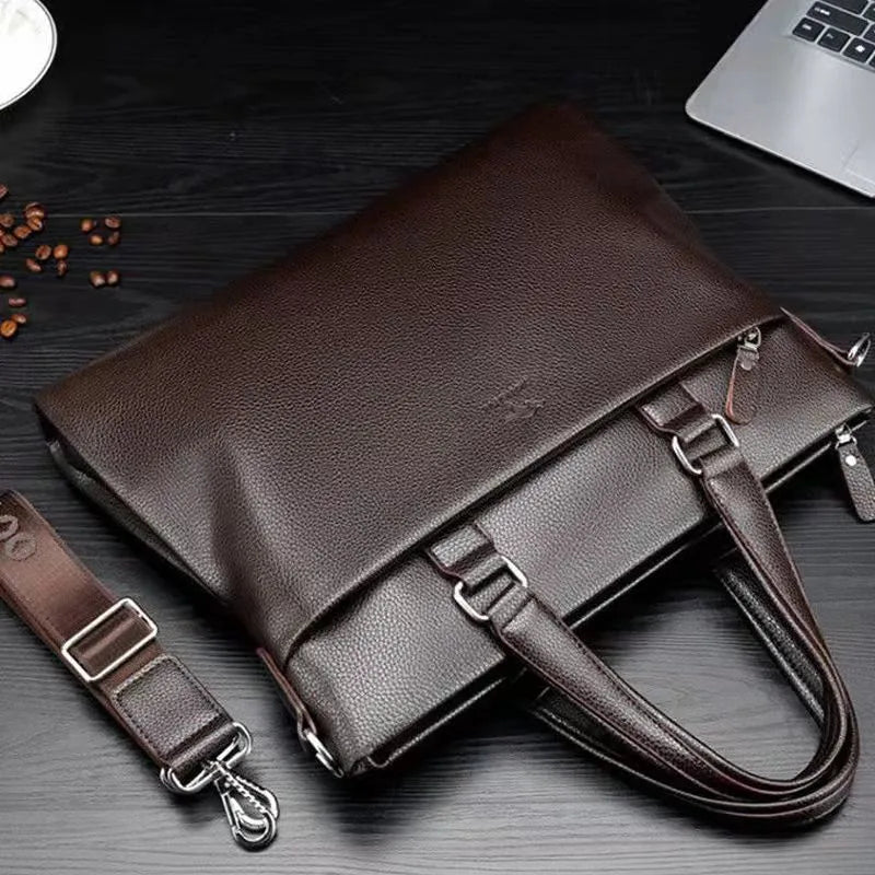 Black and brown PU leather men's messenger bag with splicing design, shown with crossbody strap.