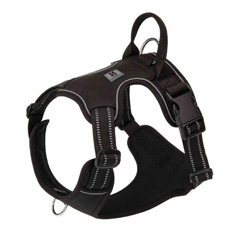 Black polyester dog breast strap vest with hand-holding rope, side view on a white background