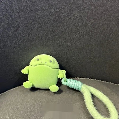 Flocking frog TPU earphone protective case for AirPods with embossed cartoon design and lanyard option