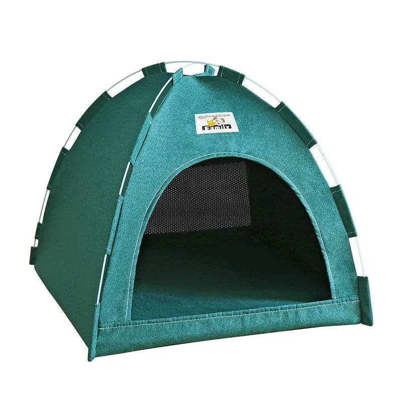 Washable pet tent bed for small dogs and cats in linen-like fabric, shown in grey colour.