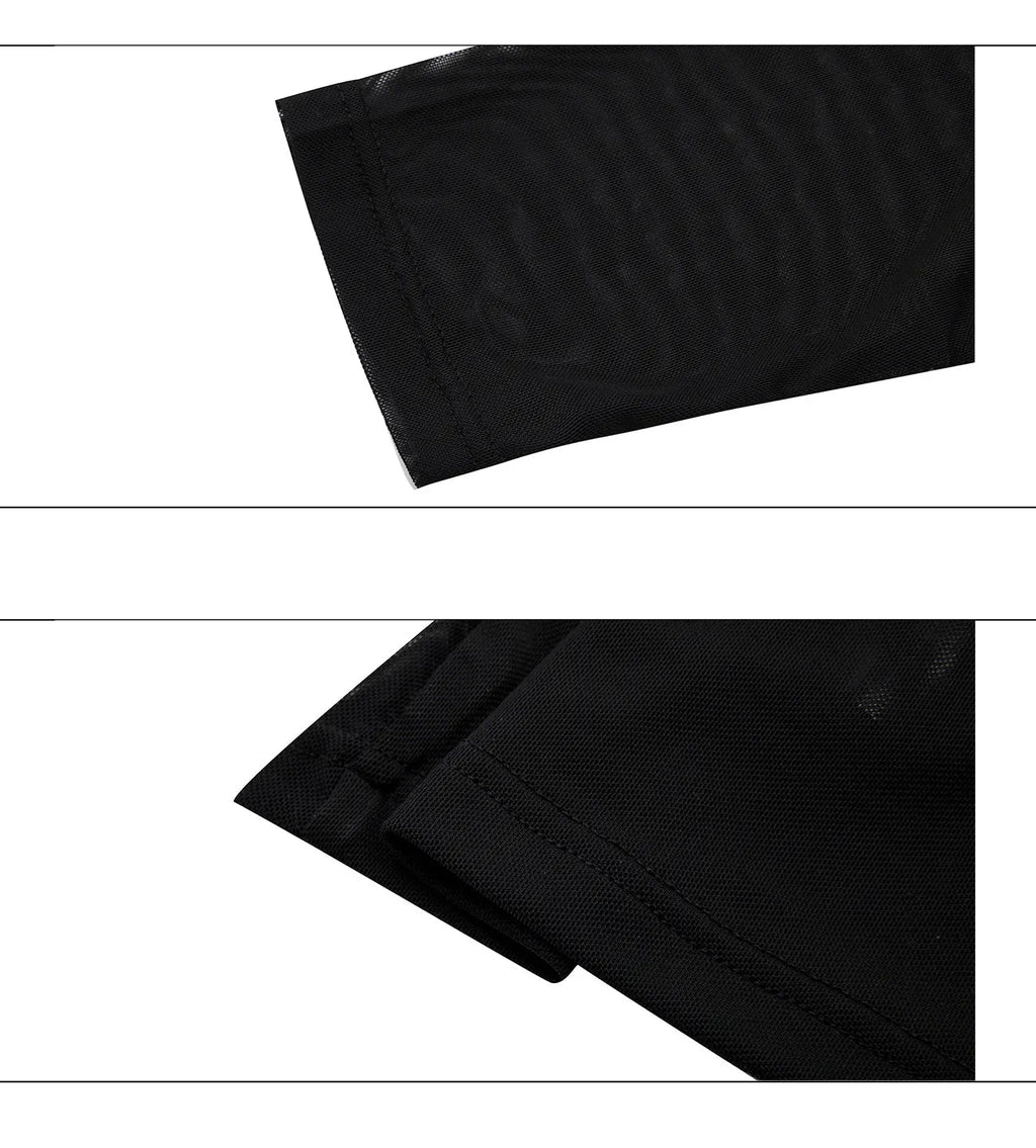 Men's black slim-fit long sleeve mesh bottoming shirt with a cooling fabric texture.