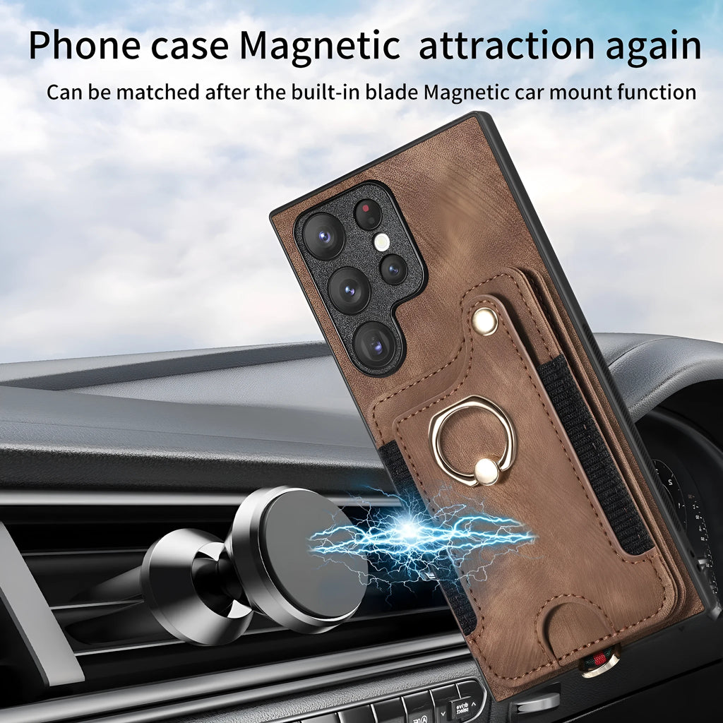 Dark Brown Samsung S25 Ultra PU phone case with ring lanyard, card holder, bracket, and magnetic suction.