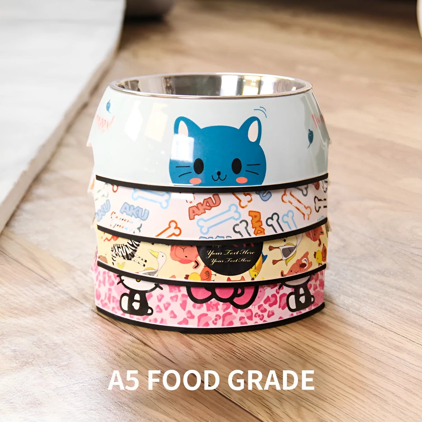 Food grade stainless steel pet dog bowl with detachable melamine shell, thickened construction, available in multiple colours and sizes