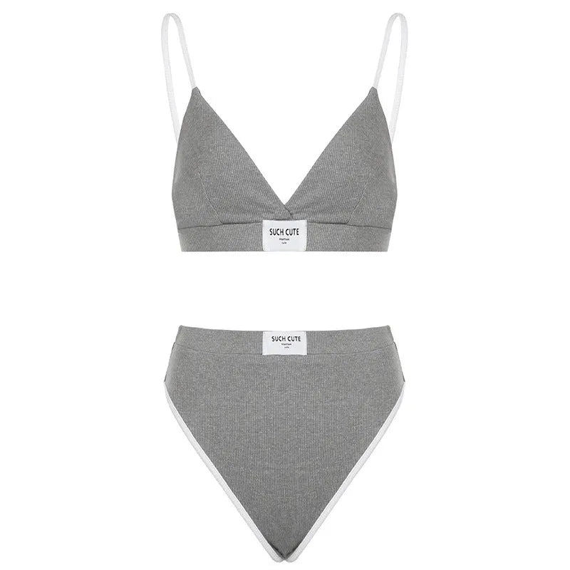 Women's embroidery contrast colour binding letters bikini set in black sleeveless design
