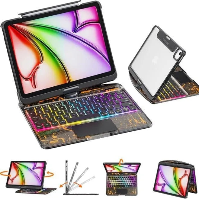 Transparent rotating keyboard case for Apple iPad Air 5 tablet showing adjustable hinge and wireless keyboard