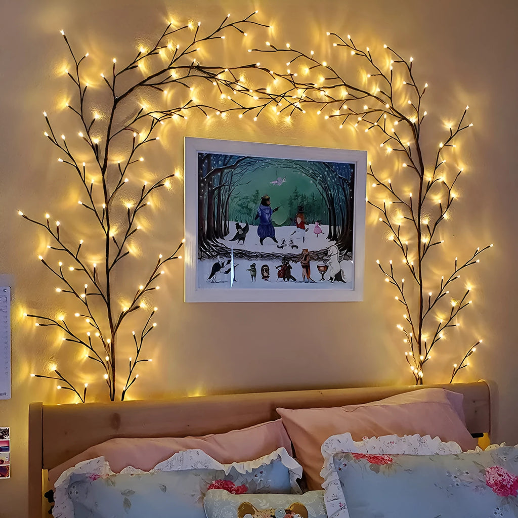 Flexible LED willow vine light garland with birch bark texture bent into a decorative shape.