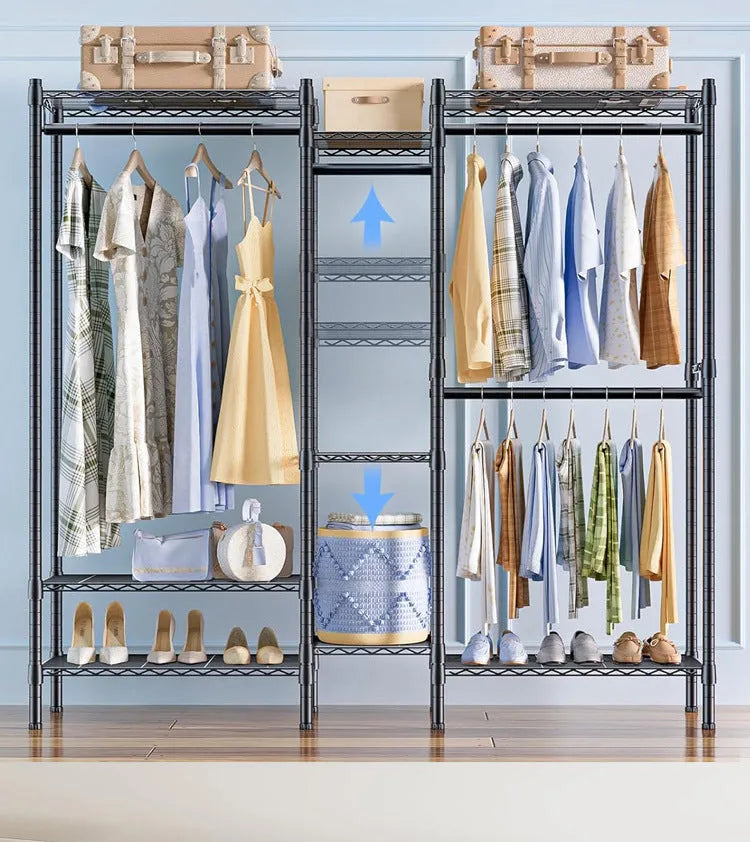 Black metal floor storage rack measuring 175 cm tall for garment organisation