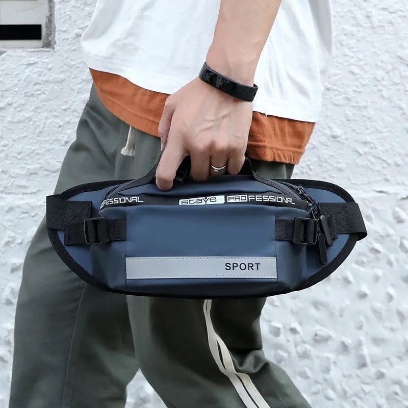 Reflective men's crossbody waist bag in black, small horizontal square shape with zipper closure and nylon waterproof finish