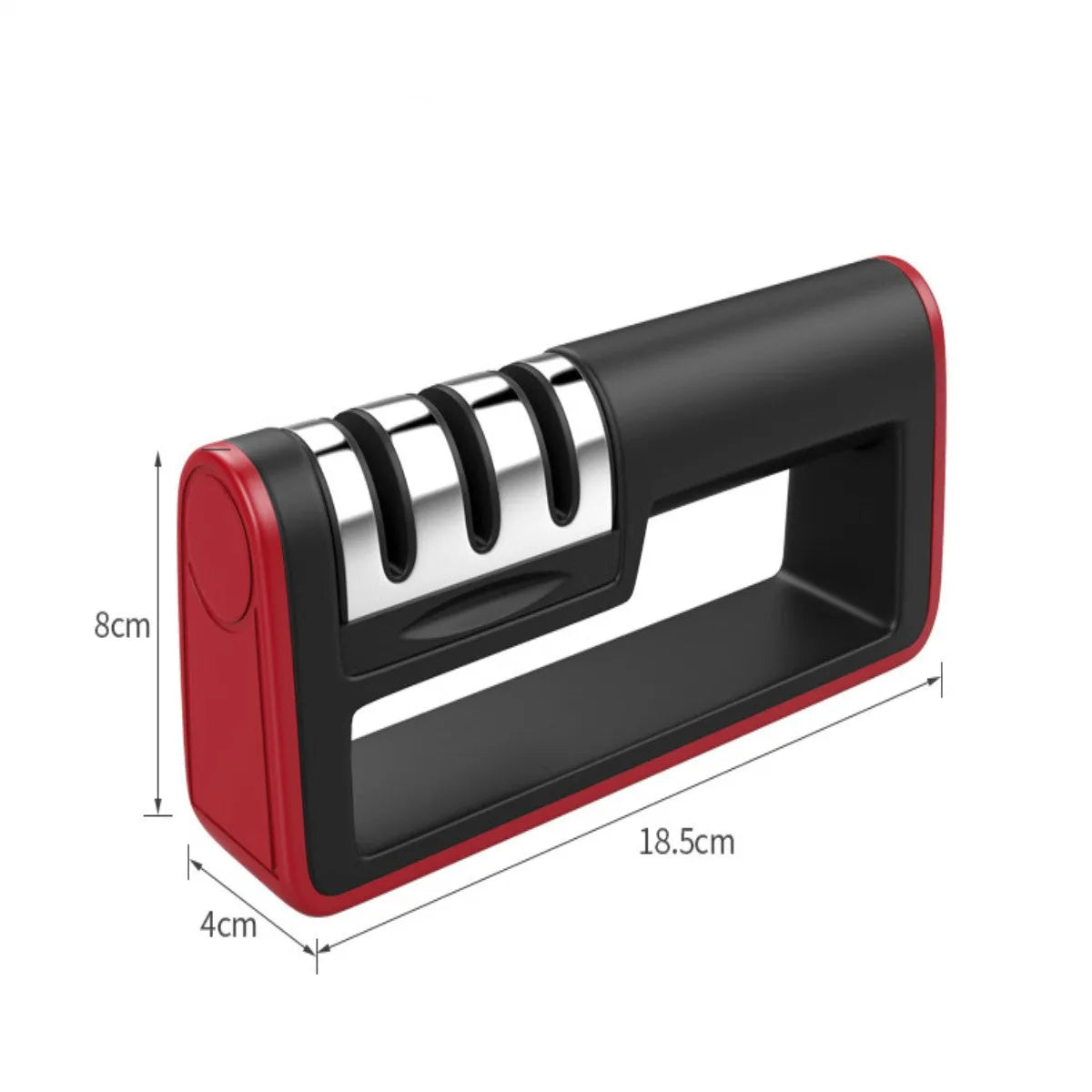 Professional black and red 3-stage knife sharpener with non-skid rubber feet