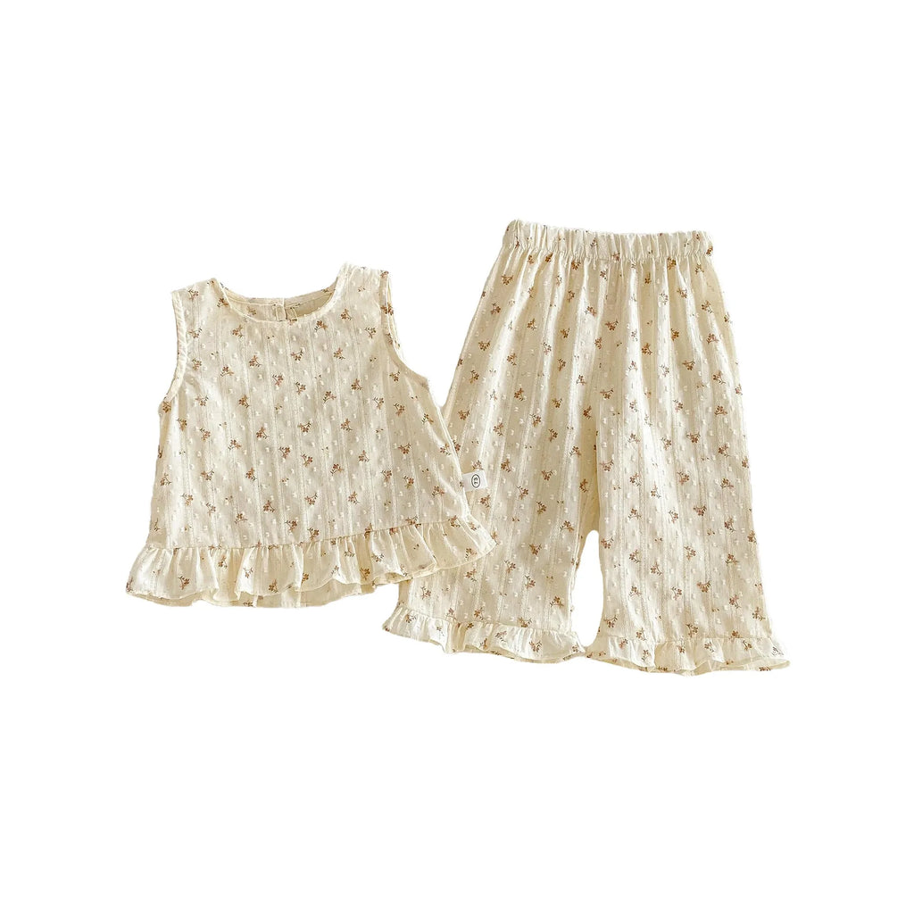 Children's cotton sleeveless top and casual trousers two-piece set in cream apricot colour