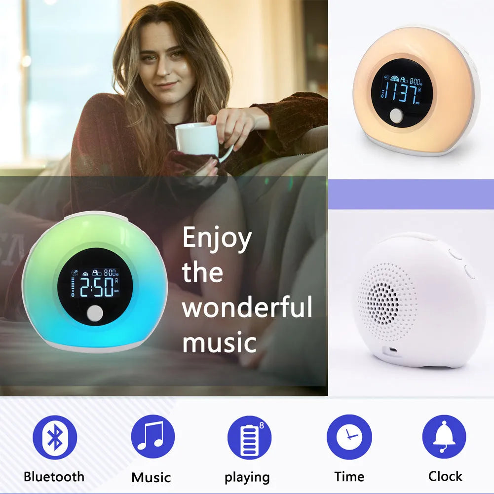 Digital music alarm clock with VA LCD display, Bluetooth 5.0 speaker, and fluorescent lighting effects in colourful mode