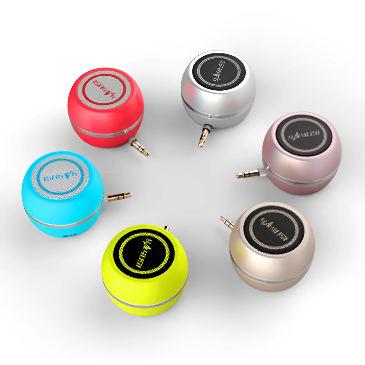 A5 portable mini speaker, 46x46x33mm ABS case, 3.5mm plug, 3W output, available in red, green, blue, gold, rose gold, silver