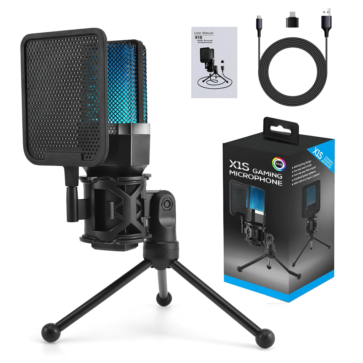X1S black desktop condenser microphone with RGB luminous stand, bracket, and spray screen