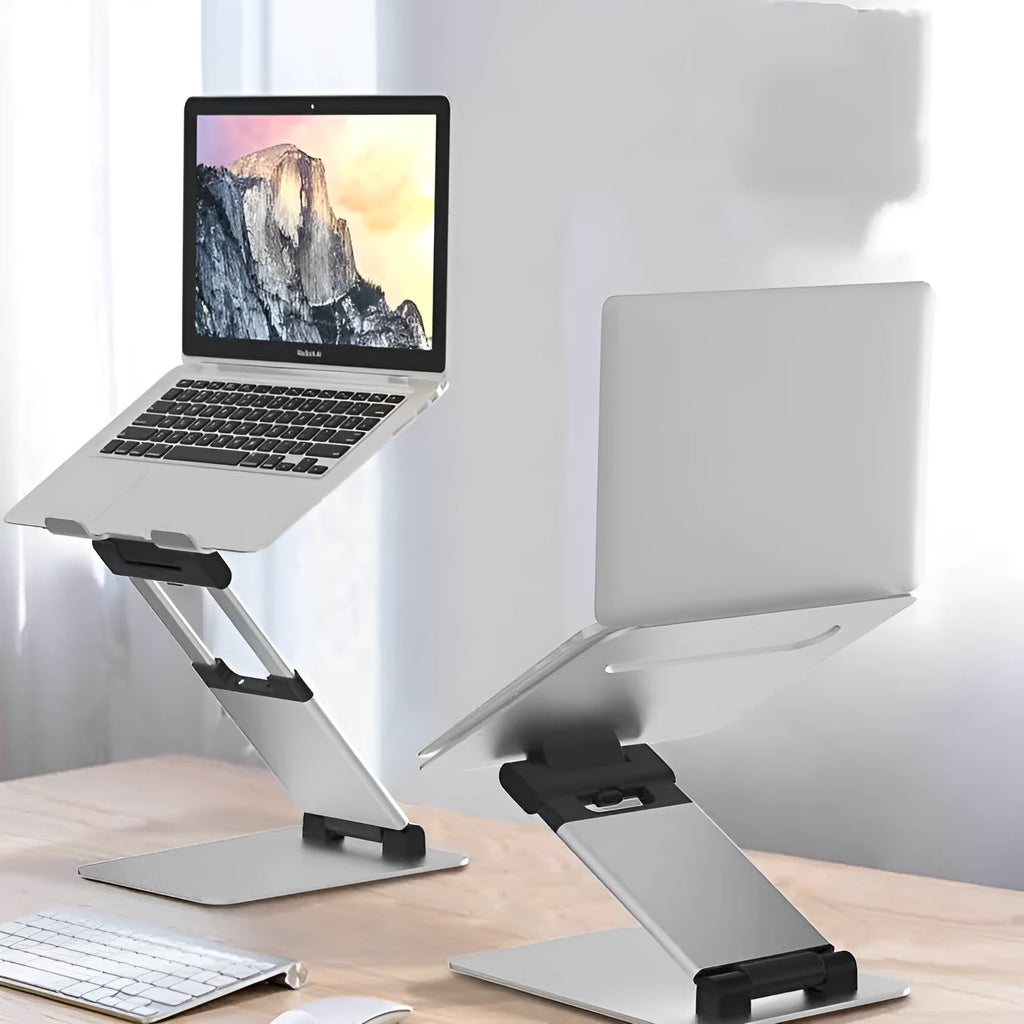Silver folding double-arm laptop stand for 17-inch notebooks with aluminium alloy construction