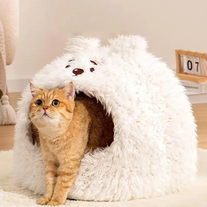 Semi-enclosed fabric cat litter kennel tent in a yurt style, shown in a bear design theme.
