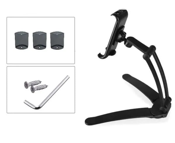 Silver aluminium alloy desktop tablet stand holding a tablet, showing its 360-degree rotation and adjustable chuck mechanism.