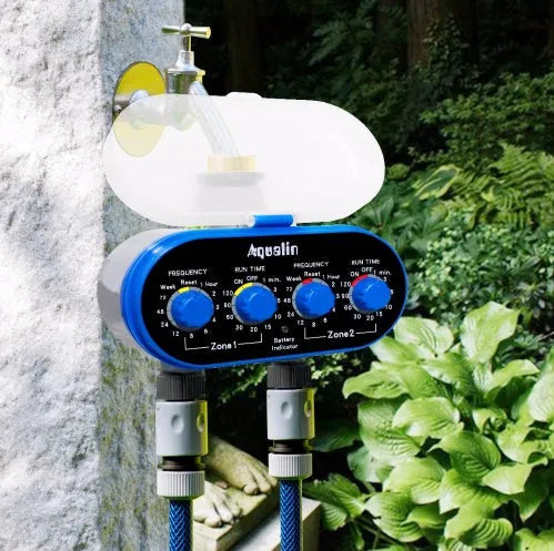 Dual Timed Irrigation Controller automatic garden watering device with battery compartment and hose connections