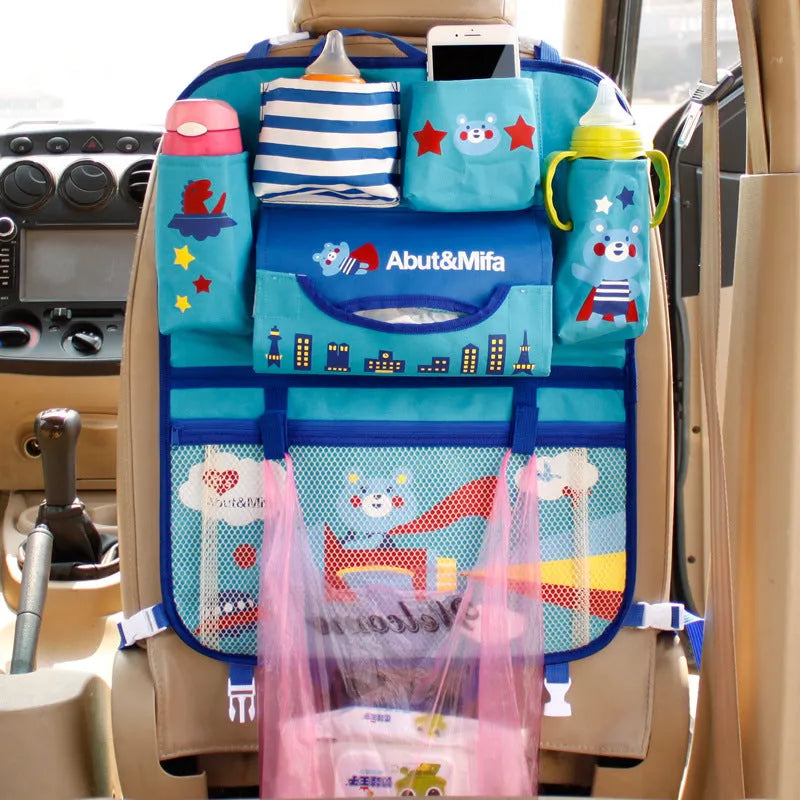Set of six cartoon car storage bags in assorted styles A1, A2, A3, A4, A5, A6 for seat back organisation