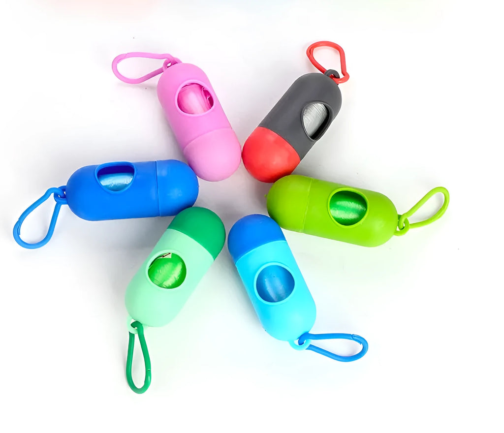Roll of plastic dog poop bags in assorted colours, size 22.5 by 30 centimetres.