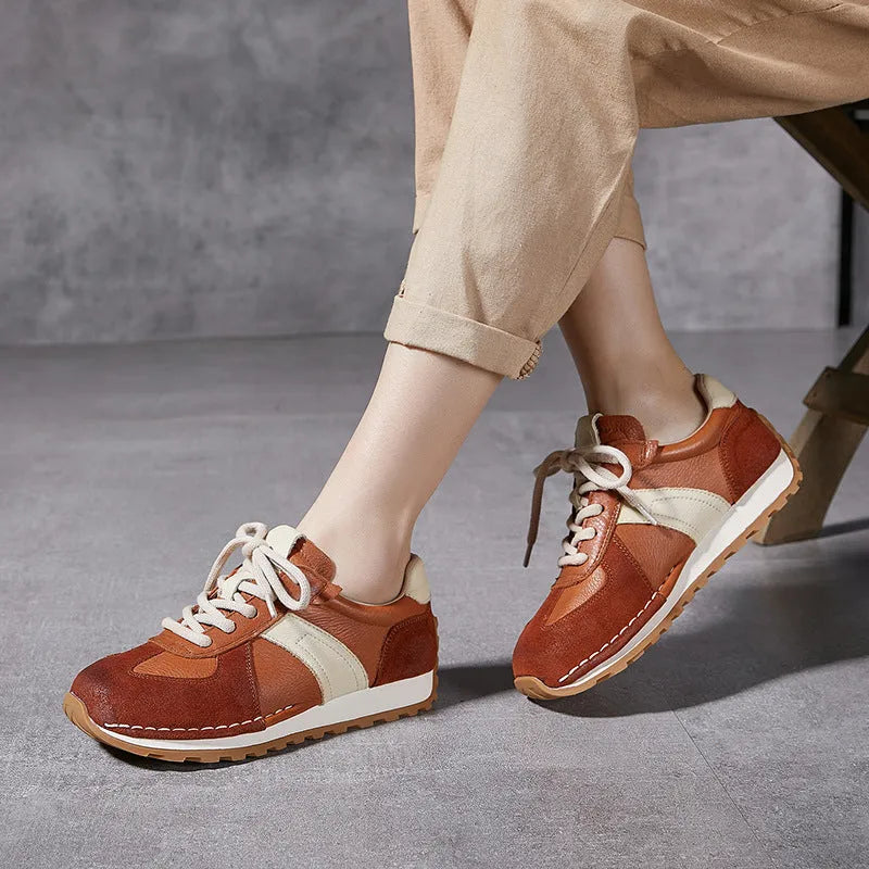 Classic retro casual sneaker in brown genuine cowhide leather with white non-slip rubber sole and low top design