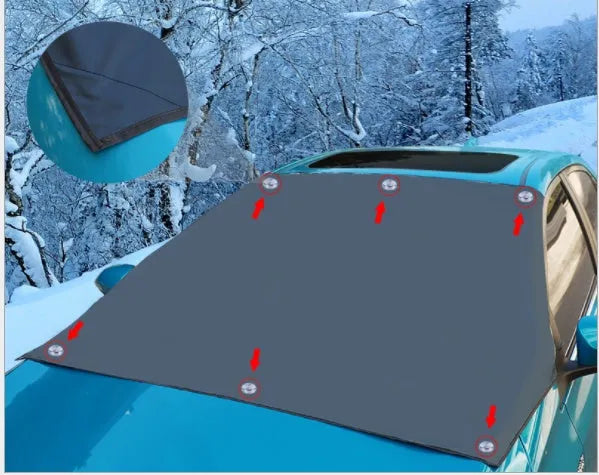 Magnetic car windshield snow cover 210x120cm, black polyester umbrella cloth with silver back, magnets and ear clips