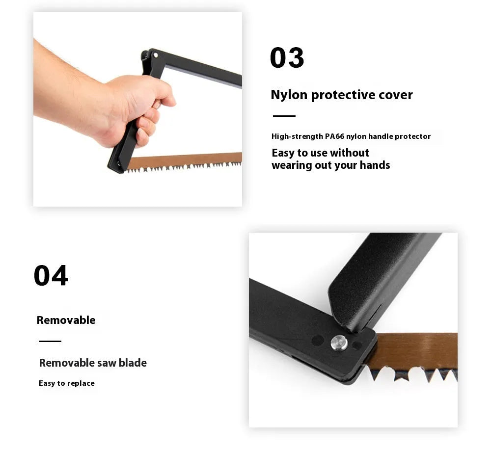 Black foldable outdoor survival saw with aluminum and PA66 nylon frame