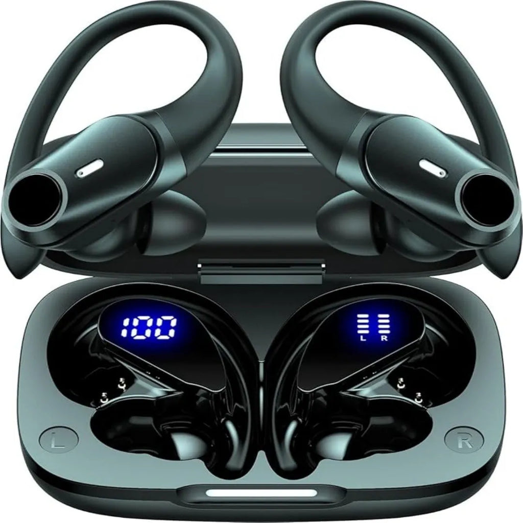 Black sporty wireless Bluetooth headphones with silicone ear hook and digital battery display