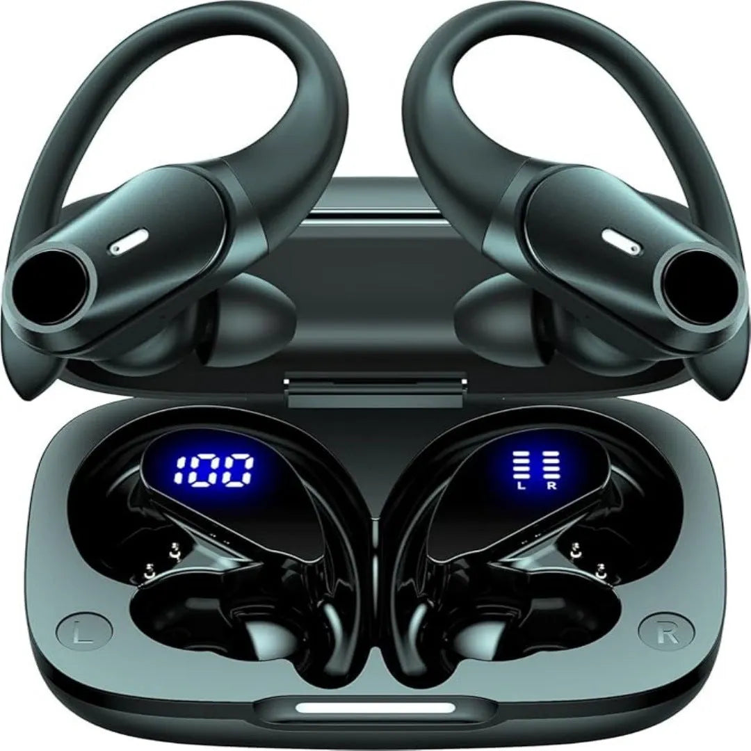 Black sporty wireless Bluetooth headphones with silicone ear hook and digital battery display