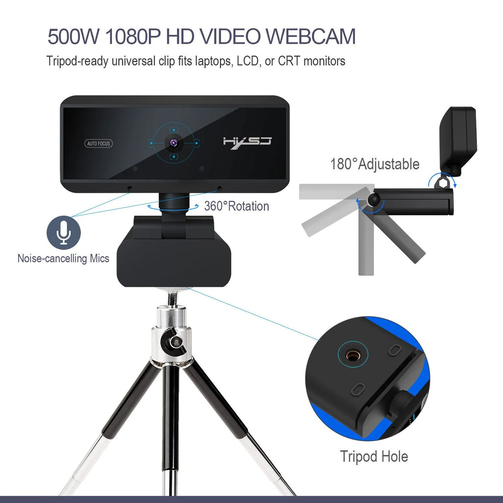 HD computer video camera with 5MP autofocus, black ABS body, USB 2.0 cable, desktop use
