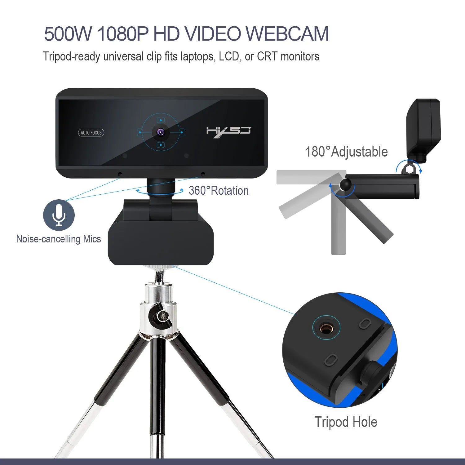 HD computer video camera with 5MP autofocus, black ABS body, USB 2.0 cable, desktop use