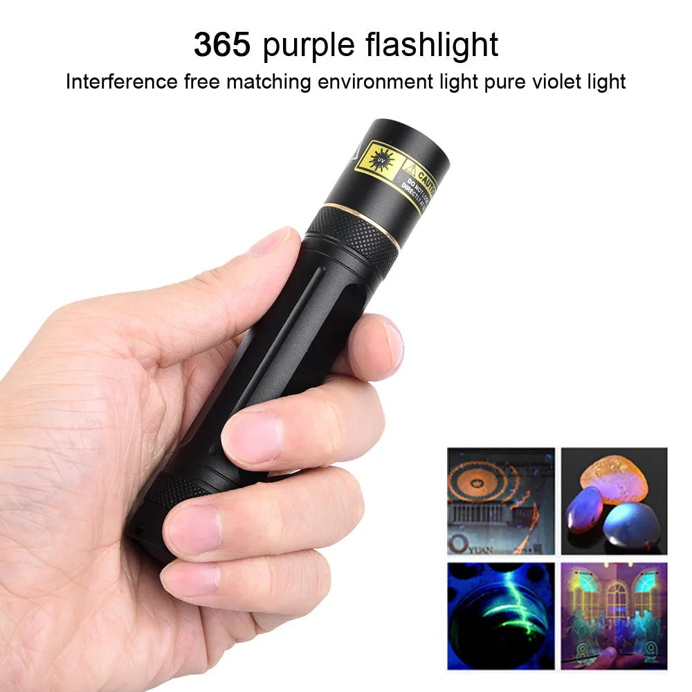 Black aluminium alloy handheld UV flashlight emitting 365nm ultraviolet light for detection tasks.