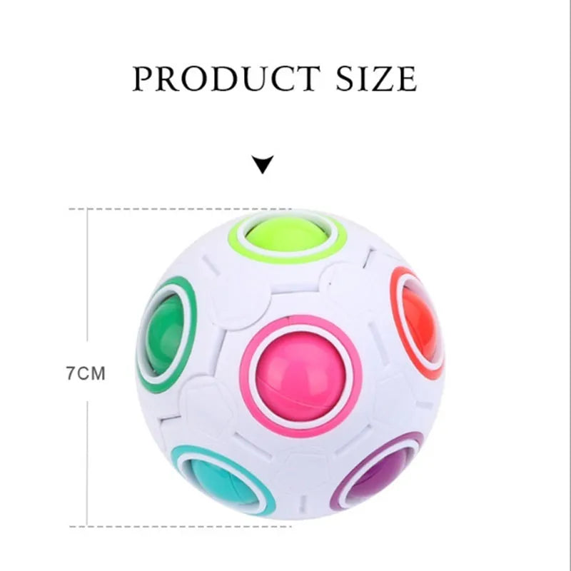 Rainbow coloured ball puzzle with moveable pieces inside a clear plastic sphere.