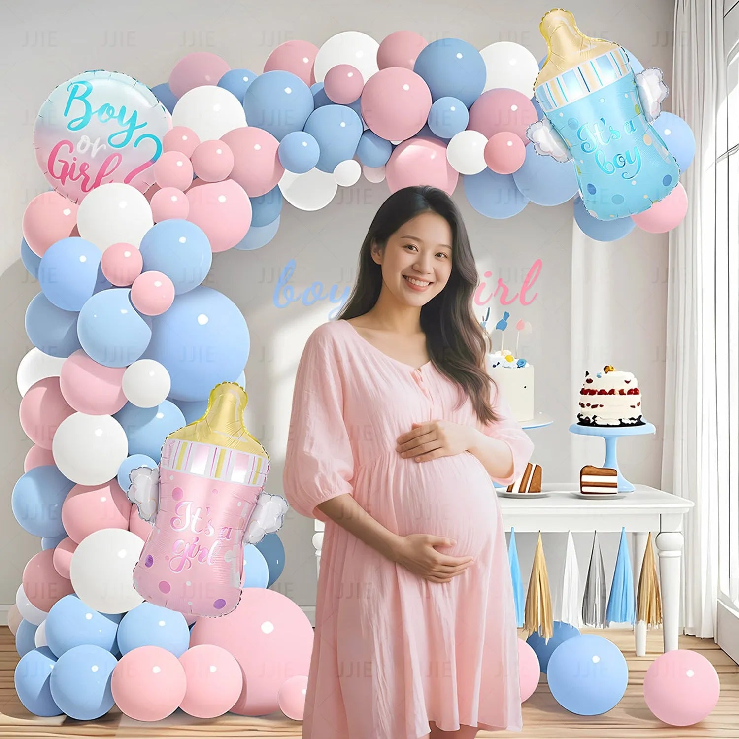 Gender reveal balloon decoration kit with aluminum foil round balloons, pink bottle, blue bottle, and ribbon