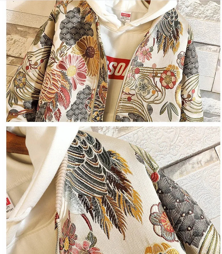 Men's white port wind full embroidery baseball collar jacket with large size options