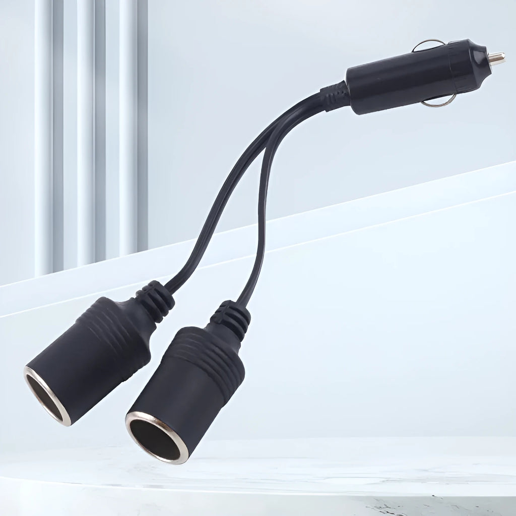 Black vehicle-mounted one-to-two cigarette lighter splitter with USB and 25cm 18AWG cable