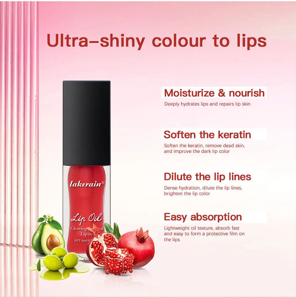 Lakerain Colourful Lip Gloss bottle showing 8ml nourishing lip oil in one of seven available shades